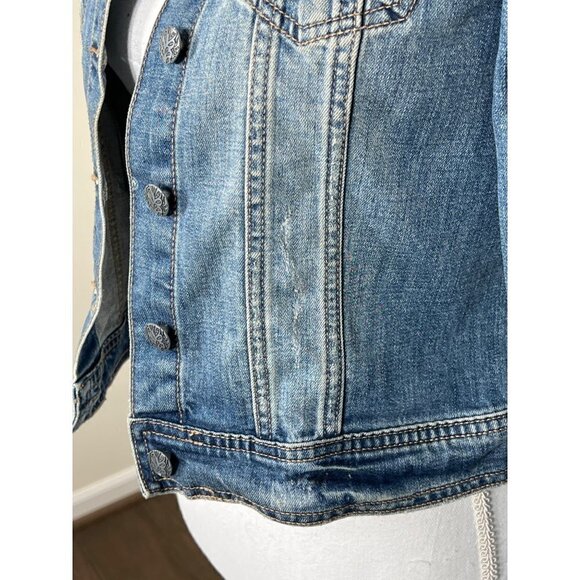 PRANA Distressed Denim Jacket Blue Sz S EUC - Picture 4 of 7